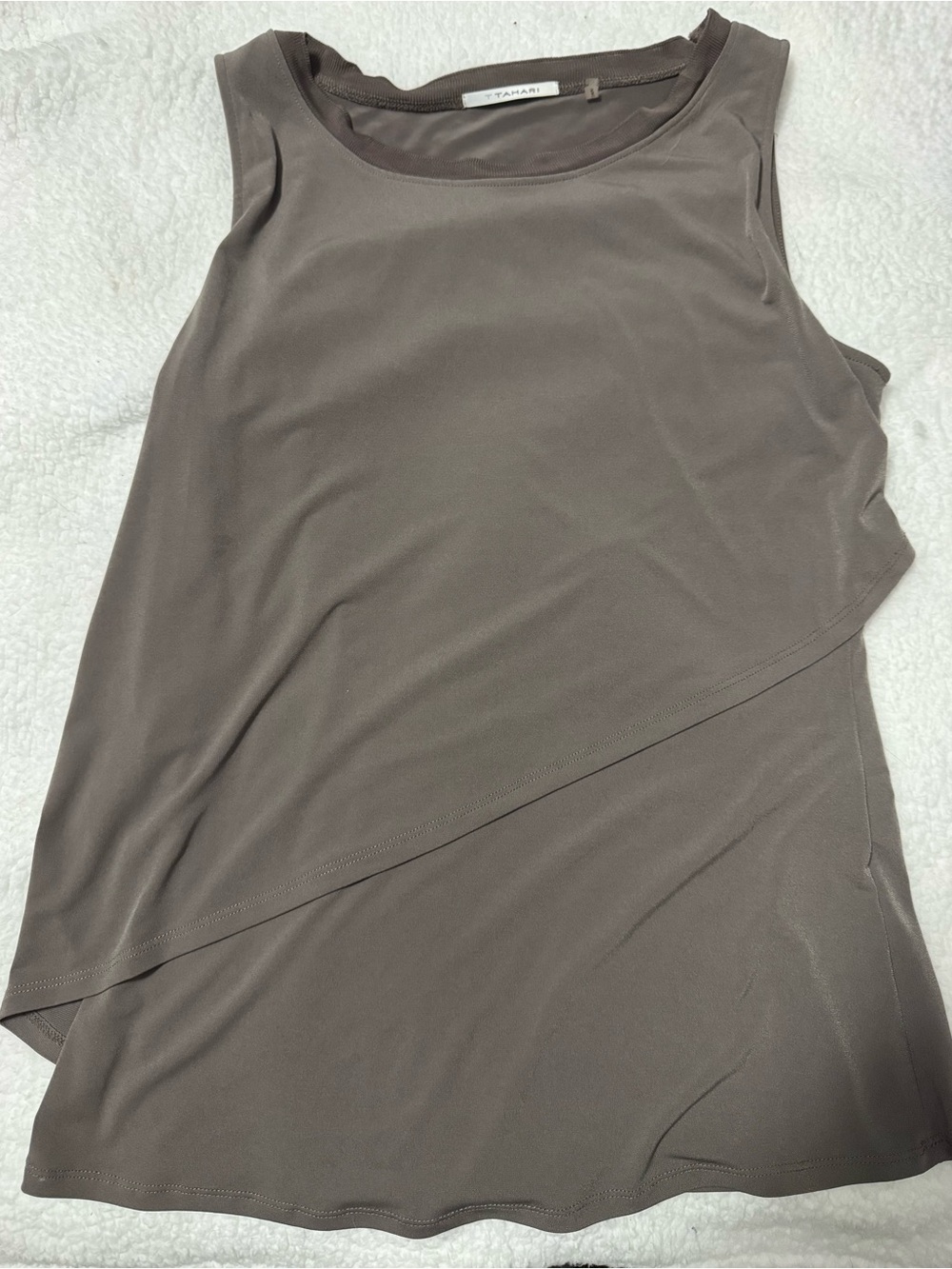 Tahari Taupe-Gray Asymmetrical Sleeveless Top